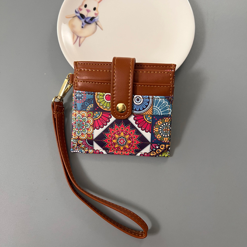 Colorful Ethnic Mandala Pattern PU Leather Mini Card Holder with Wrist Strap