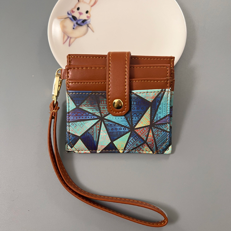 Blue Colorful Ethnic Mandala Pattern PU Leather Mini Card Holder with Wrist