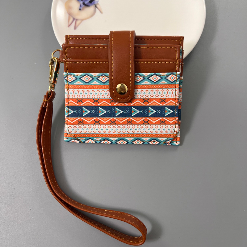 Orange Colorful Ethnic Mandala Pattern PU Leather Mini Card Holder with Wrist