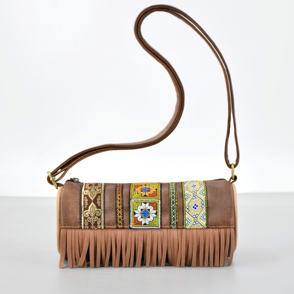 Boho Ethnic PU Leather Cylindrical Crossbody Bag with Embroidery and Fringe