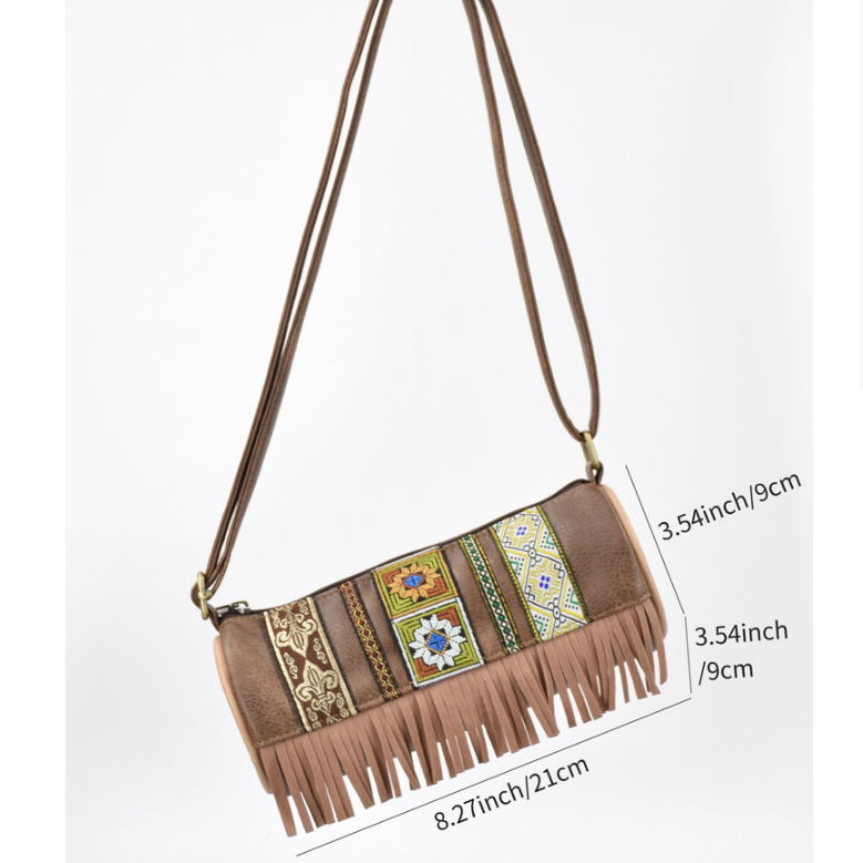 Boho Ethnic PU Leather Cylindrical Crossbody Bag with Embroidery and Fringe view 2