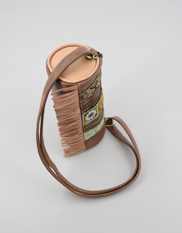 Boho Ethnic PU Leather Cylindrical Crossbody Bag with Embroidery and Fringe view 6