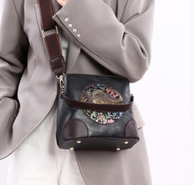 Black Vintage Ethnic Embossed Elephant Bucket Bag - Large Capacity PU Leather