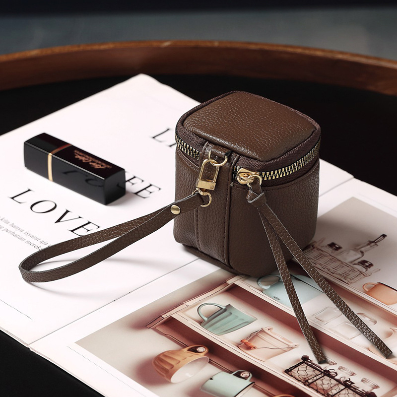 Coffee 2 Pack Mini PU Leather Cube Cosmetic Bag - Portable Travel Pouch for