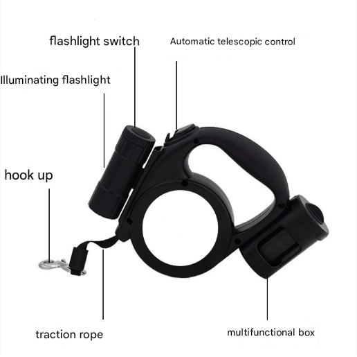 Green 3-in-1 Retractable Dog Leash with LED Flashlight and Waste Bag Dispenser view 2