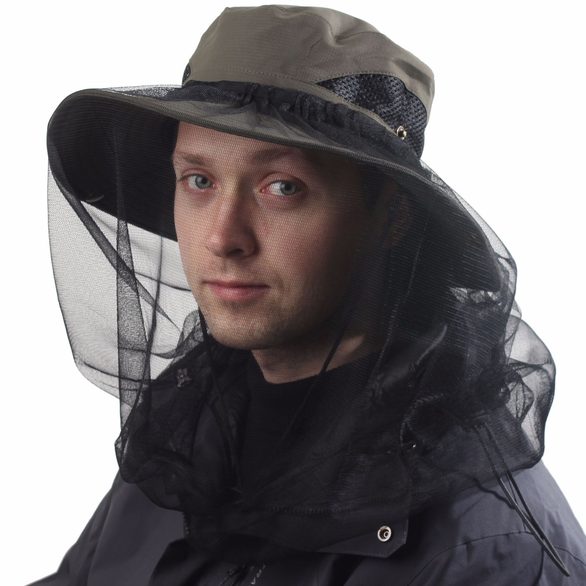 Green Outdoor Mosquito Head Net Hat with 40cm Mesh Shield - Wide Brim Sun
