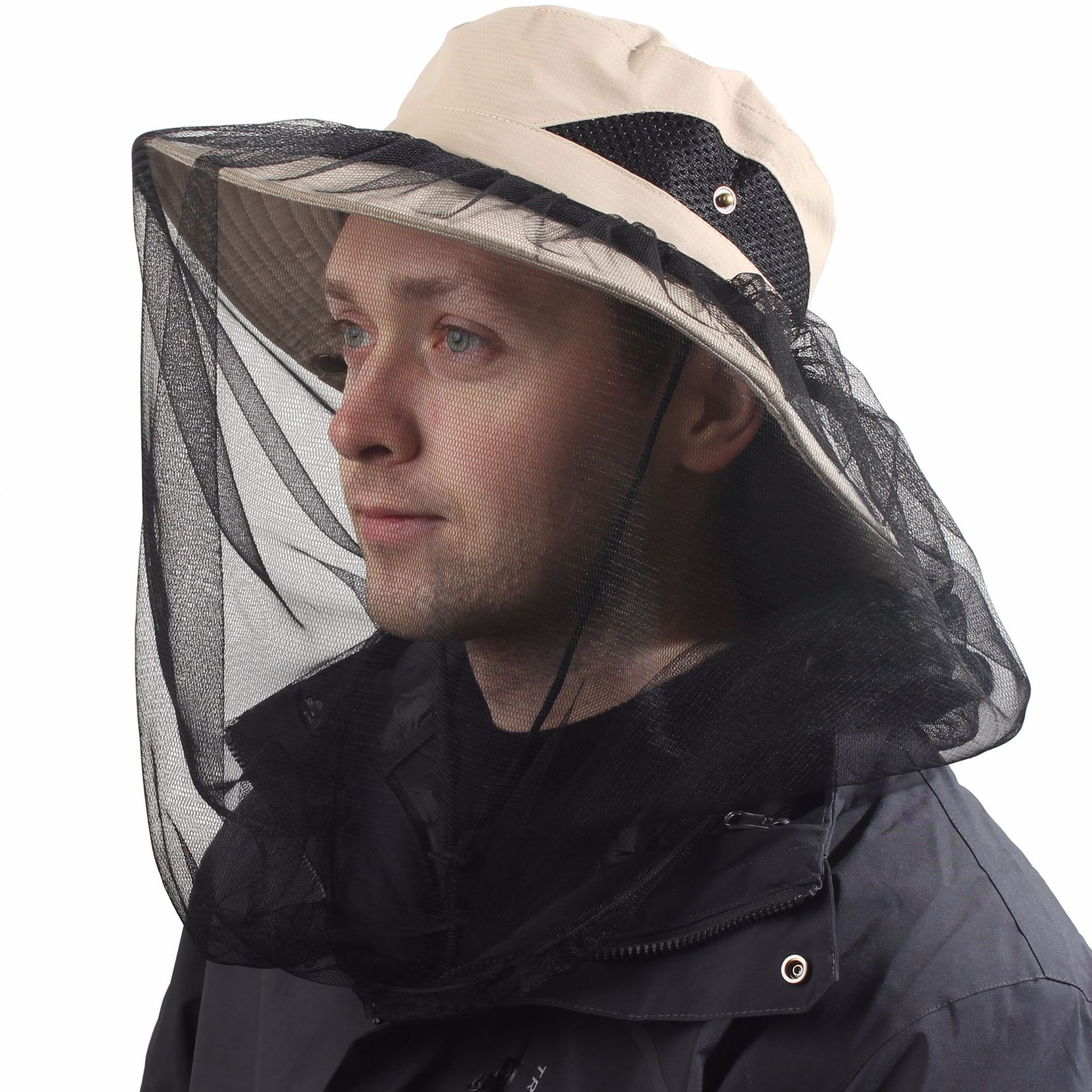 Khaki Outdoor Mosquito Head Net Hat with 40cm Mesh Shield - Wide Brim Sun