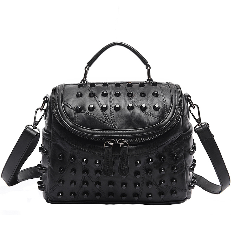 Women's Black Studded Handbag Soft PU Leather Crossbody Shoulder Bag with