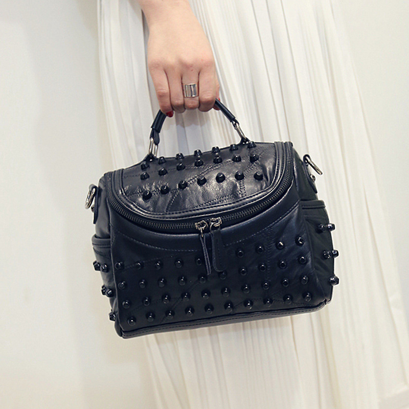 Women's Black Studded Handbag Soft PU Leather Crossbody Shoulder Bag with view 3