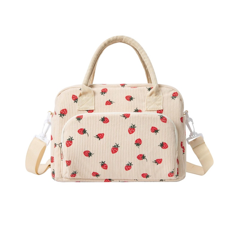 Beige Women's Large Corduroy Lunch Bag Insulated Thermal Tote Strawberry Print