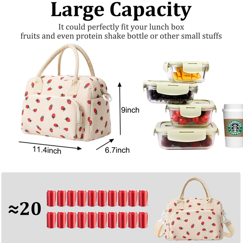 Beige Women's Large Corduroy Lunch Bag Insulated Thermal Tote Strawberry Print view 2