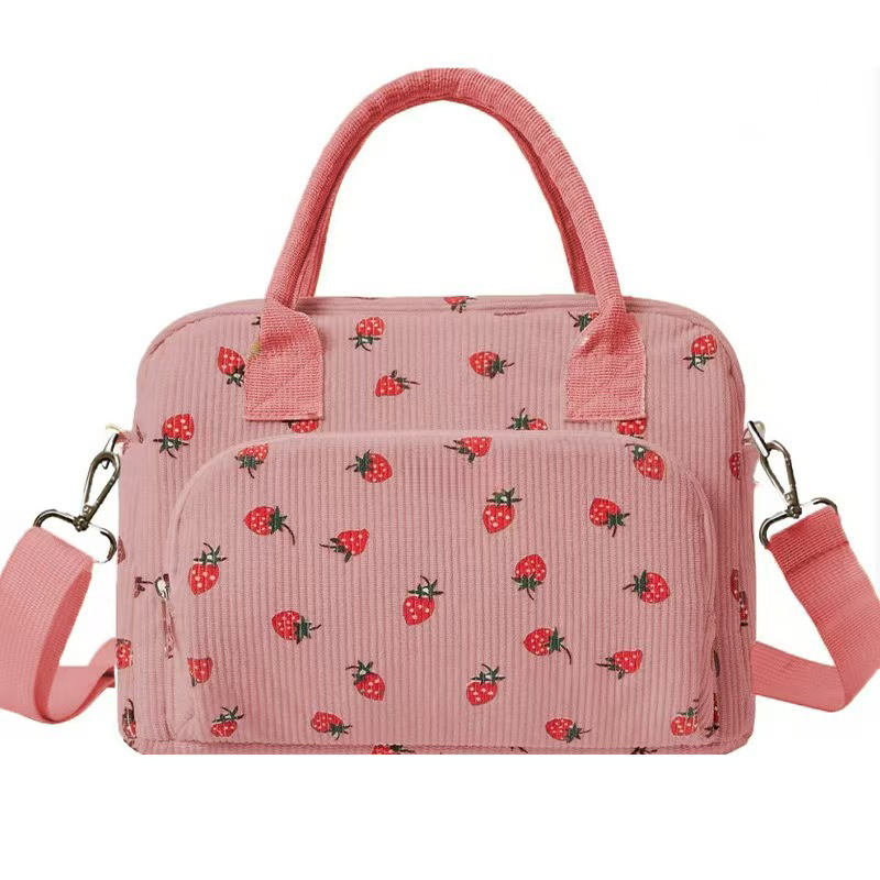 Pink Women's Large Corduroy Lunch Bag Insulated Thermal Tote Strawberry Print