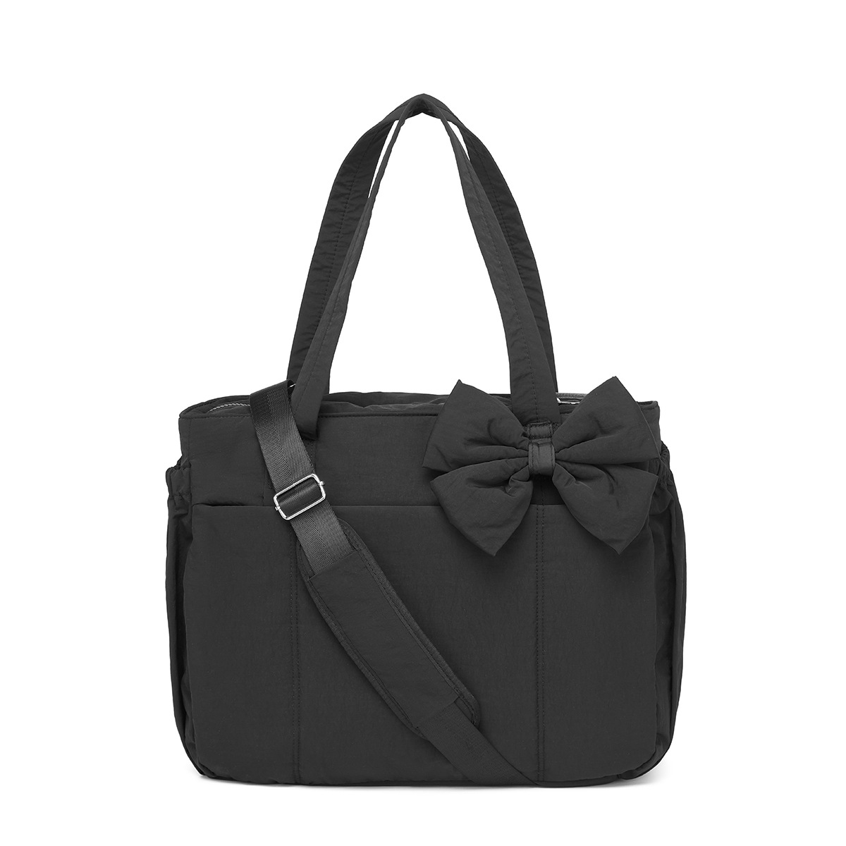Black Women's Quilted Puffer Tote Bag Large Capacity Lightweight Bow Handbag