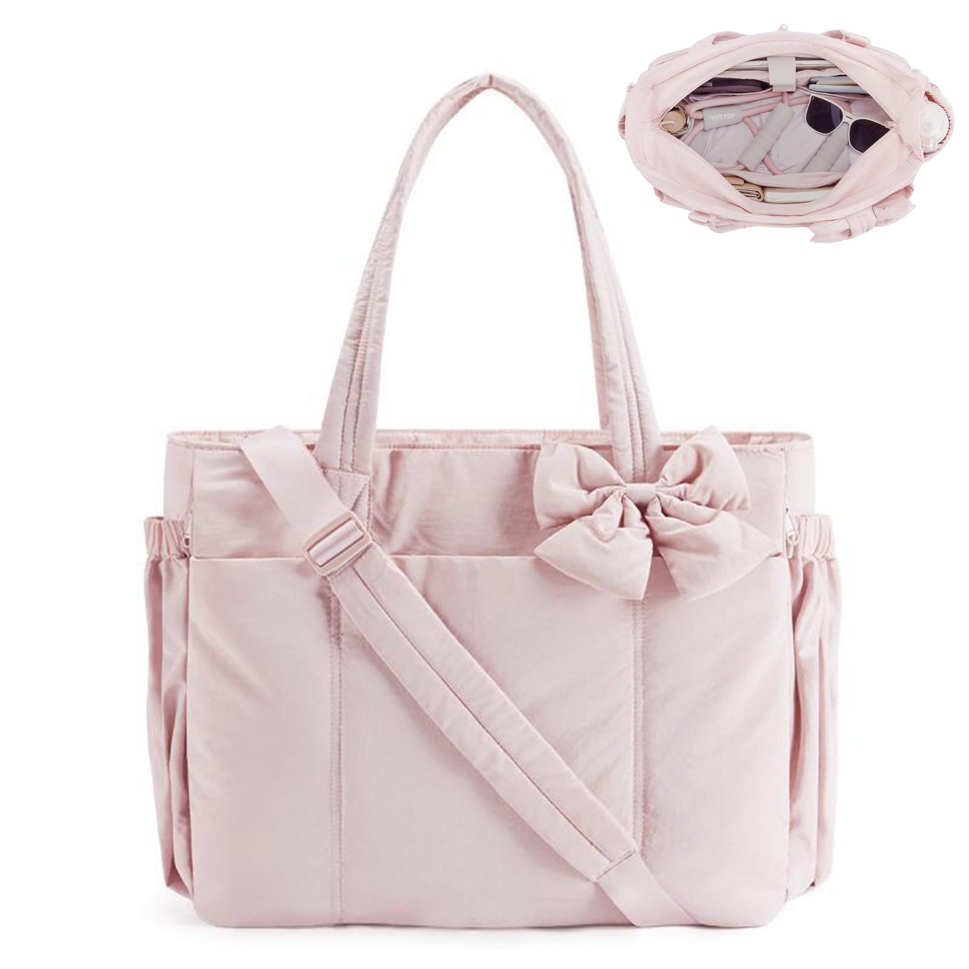 Pink Women's Quilted Puffer Tote Bag Large Capacity Lightweight Bow Handbag