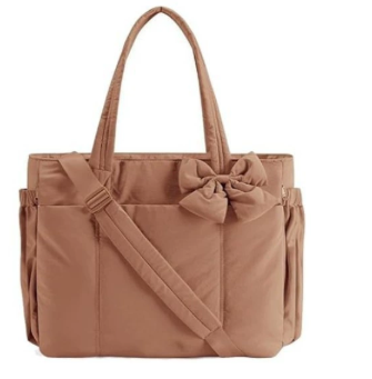 Brown Women's Quilted Puffer Tote Bag Large Capacity Lightweight Bow Handbag