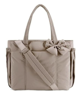 Camel Women's Quilted Puffer Tote Bag Large Capacity Lightweight Bow Handbag