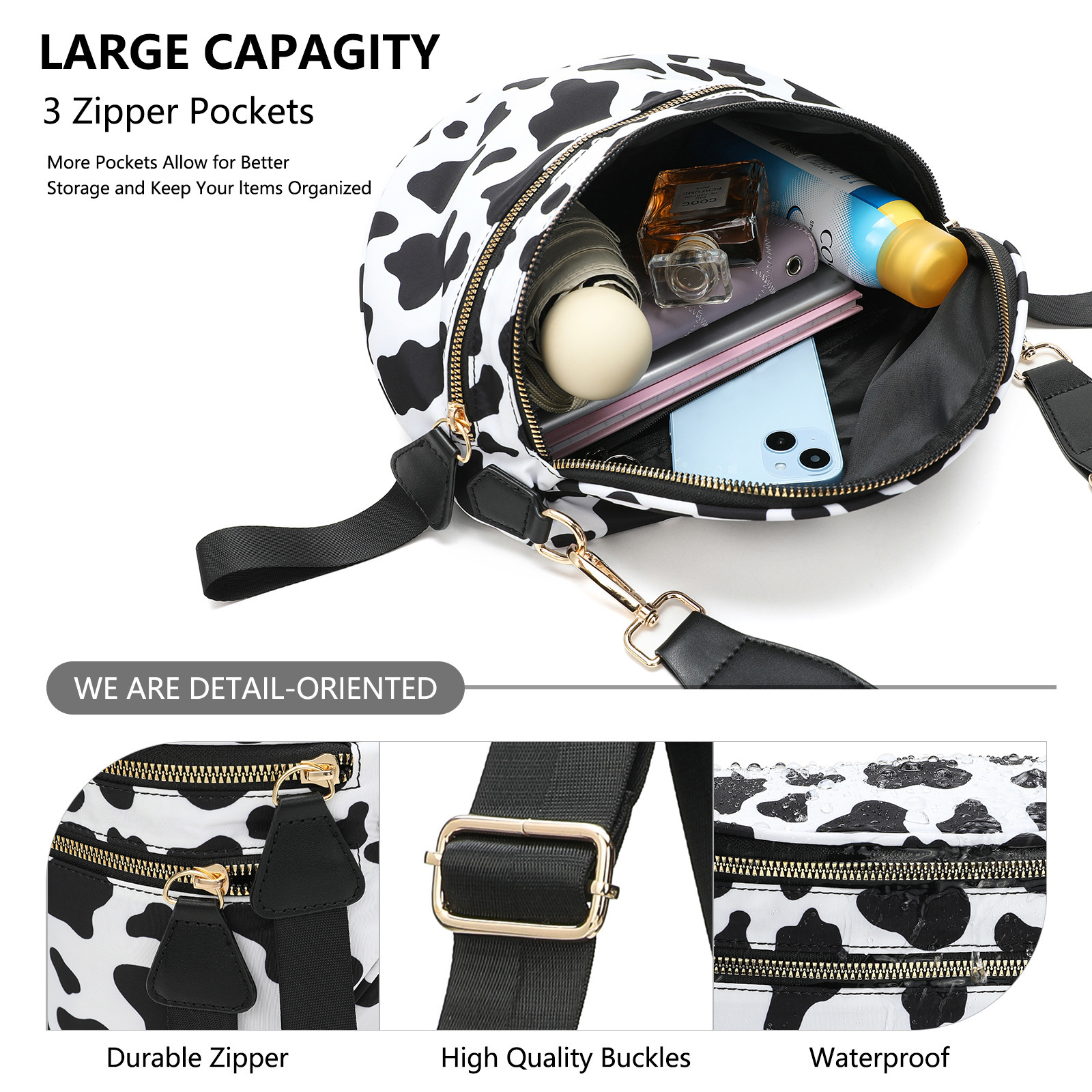 Black Women's Large Crescent Crossbody Bag Lightweight Oxford Cloth Shoulder view 4