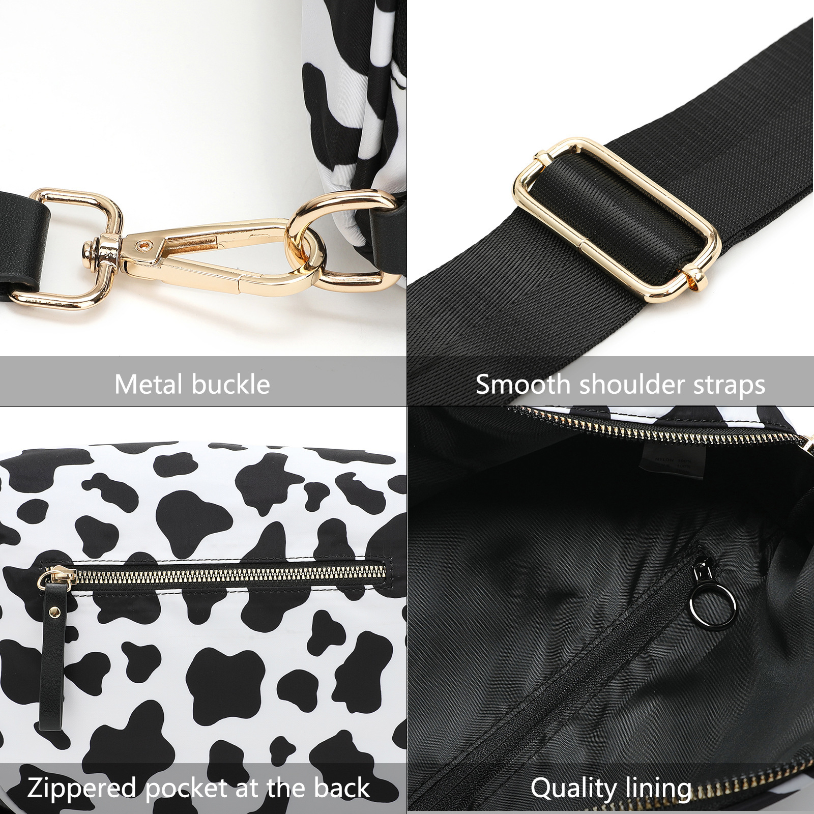 White-and-beige Checkered Pattern Women's Large Crescent Crossbody Bag view 3