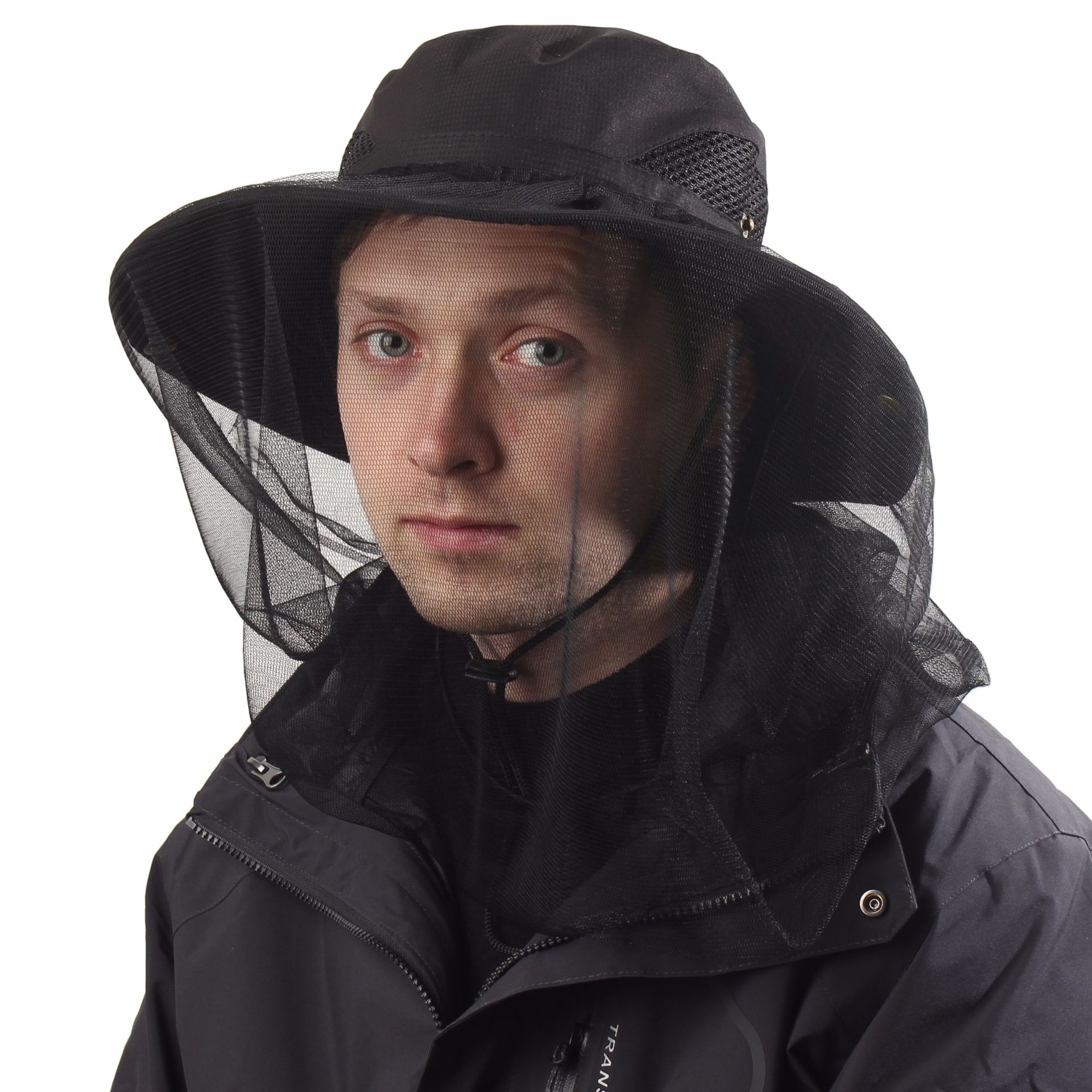 Black Outdoor Mosquito Head Net Hat with 40cm Mesh Shield - Wide Brim Sun