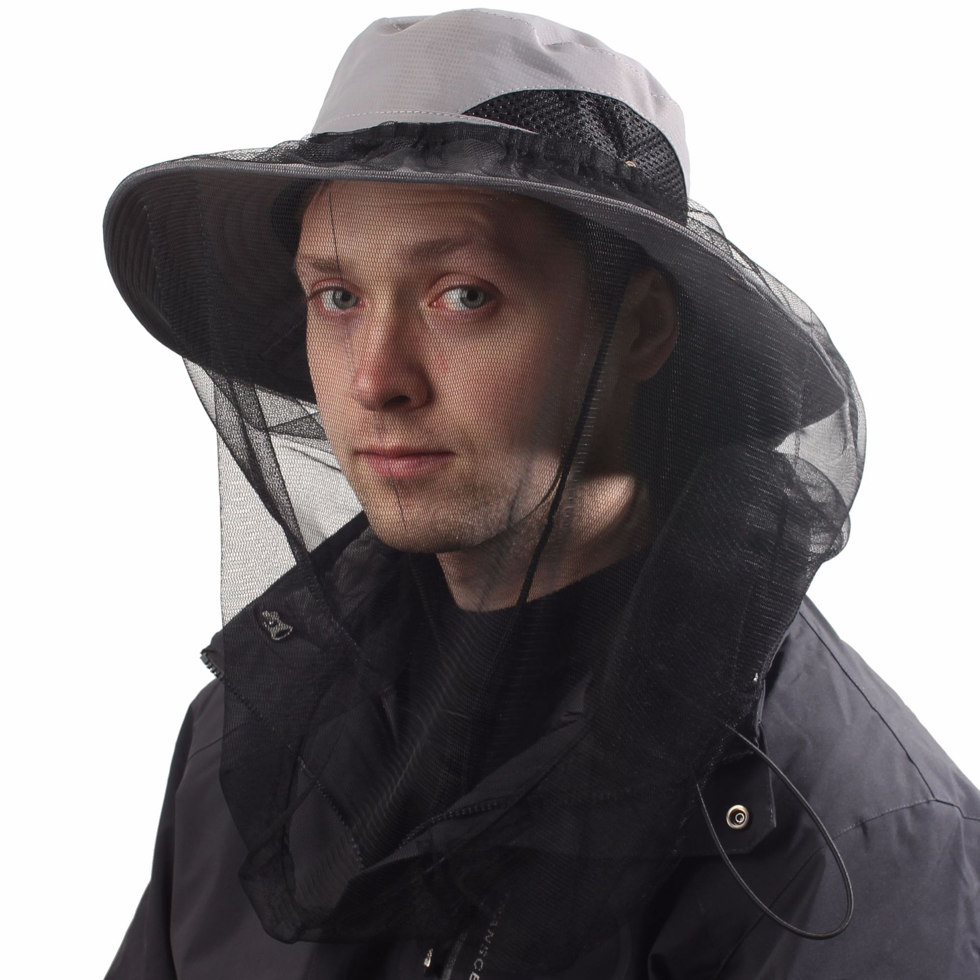 Light Grey Outdoor Mosquito Head Net Hat with 40cm Mesh Shield - Wide Brim Sun