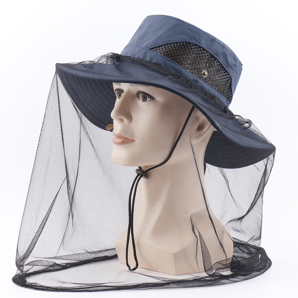 Navy Blue Outdoor Mosquito Head Net Hat with 40cm Mesh Shield - Wide Brim Sun