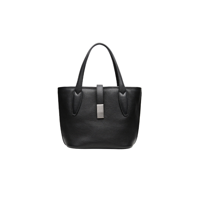 Black Women's Vegetable Tanned Leather Bucket Bag Minimalist Crossbody Handbag