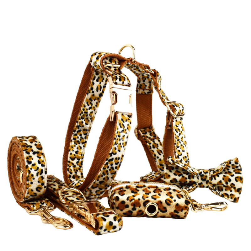 XS Luxury 5 Piece Dog Harness and Collar Set Leopard Print with Leash Bow Tie — image 1