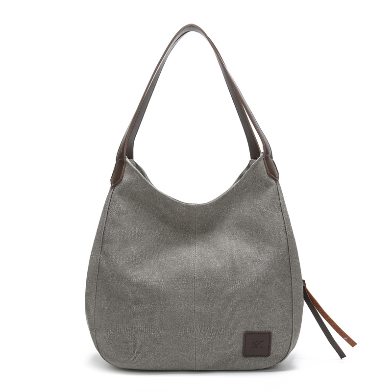 Grey Women's Canvas Hobo Handbag Multi-Compartment Shoulder Tote Bag
