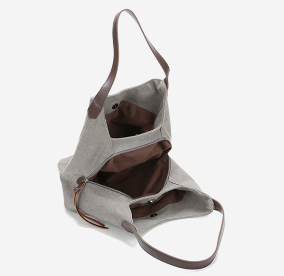 Grey Women's Canvas Hobo Handbag Multi-Compartment Shoulder Tote Bag view 3