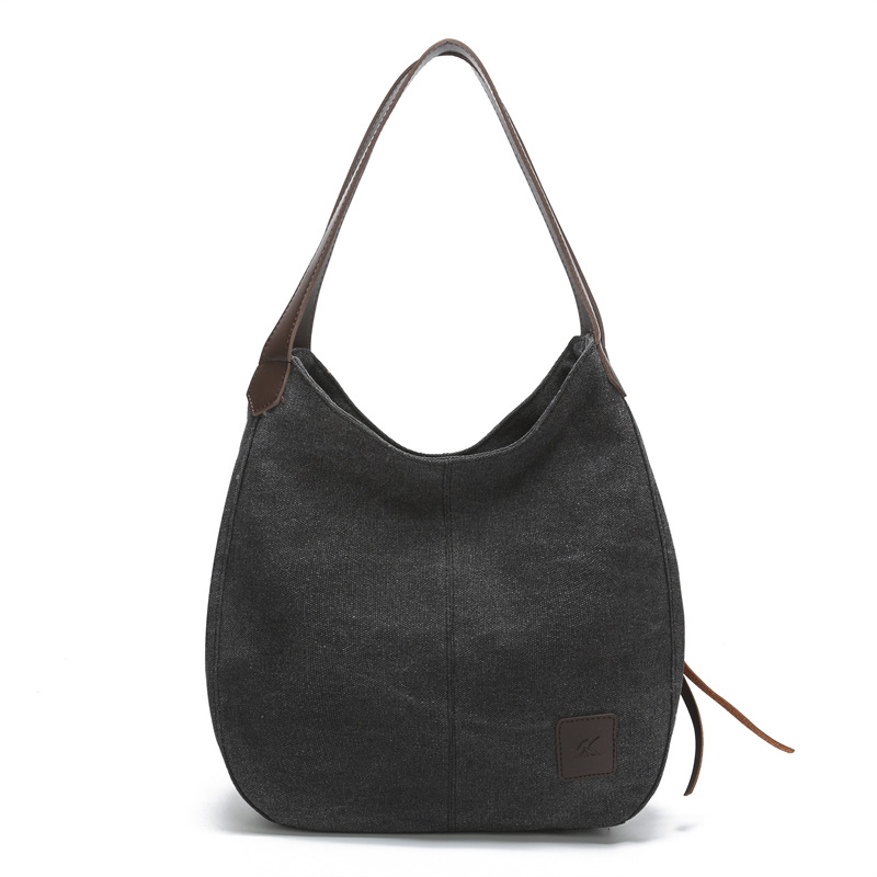 Black Women's Canvas Hobo Handbag Multi-Compartment Shoulder Tote Bag
