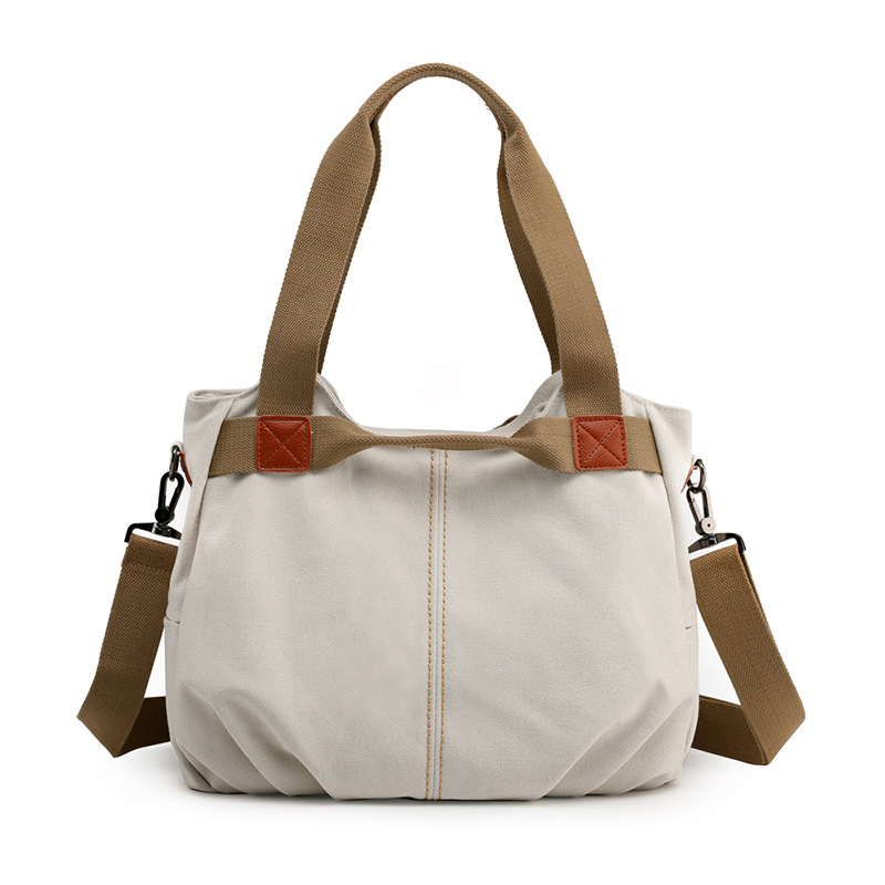 White Women's Retro Canvas Tote Bag Large Capacity Shoulder Handbag Adjustable
