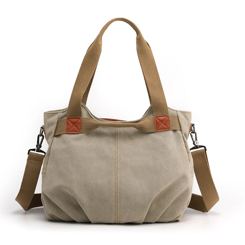 Khaki Women's Retro Canvas Tote Bag Large Capacity Shoulder Handbag Adjustable