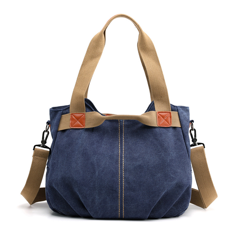 Dark Blue Women's Retro Canvas Tote Bag Large Capacity Shoulder Handbag