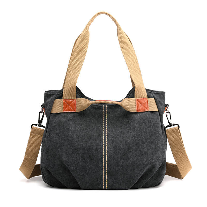 Black Women's Retro Canvas Tote Bag Large Capacity Shoulder Handbag Adjustable