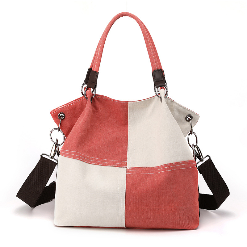 Red Women's Canvas Patchwork Tote Bag Large Capacity Shoulder Handbag Fits A4