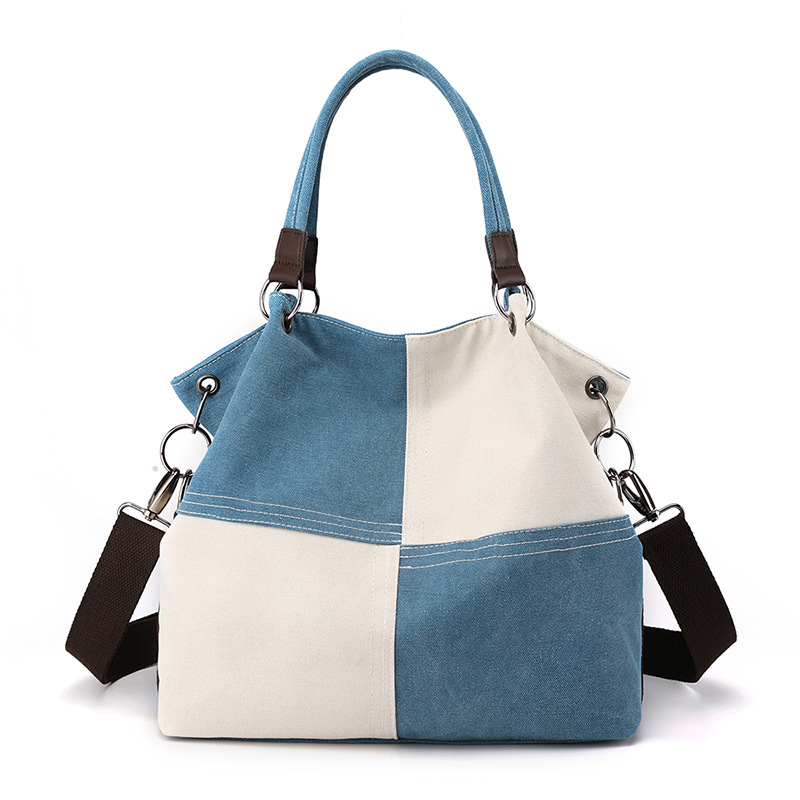 Blue Women's Canvas Patchwork Tote Bag Large Capacity Shoulder Handbag Fits A4