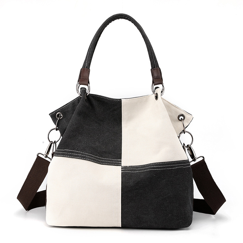 Black Women's Canvas Patchwork Tote Bag Large Capacity Shoulder Handbag Fits