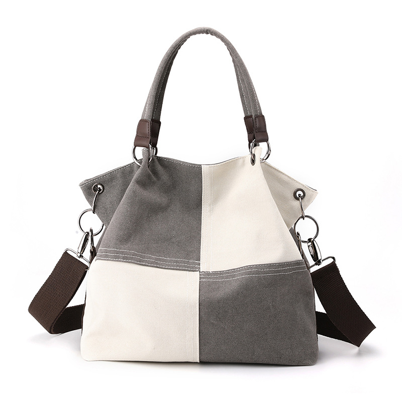 Grey Women's Canvas Patchwork Tote Bag Large Capacity Shoulder Handbag Fits A4