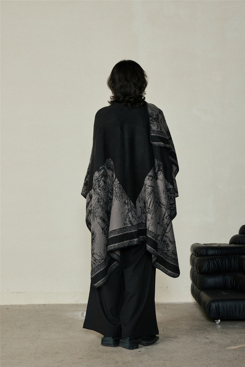Faux Cashmere Shawl (Qingming Scroll Print) - Black Brown Green, 160*135cm view 4