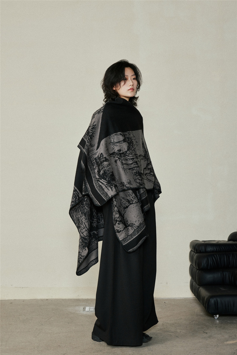 Faux Cashmere Shawl (Qingming Scroll Print) - Black Gray, 160*135cm view 6