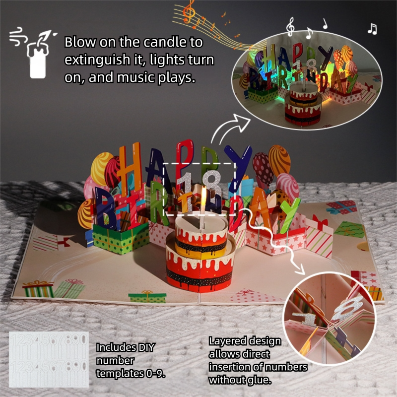 Interactive 3D Pop-Up Birthday Card with Music, Light view 3