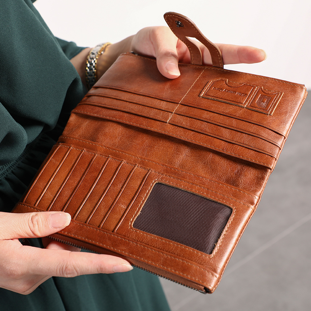 Purple Brown Premium Leather Long Wallet Clutch Organizer 19x10x3cm - 15 Card view 3