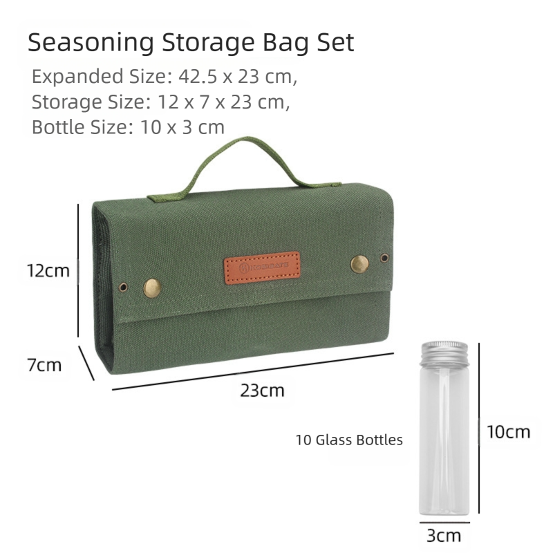 Green canvas spice storage box (9.1 x 4.7 x 2.8 inches) With 10 bottles