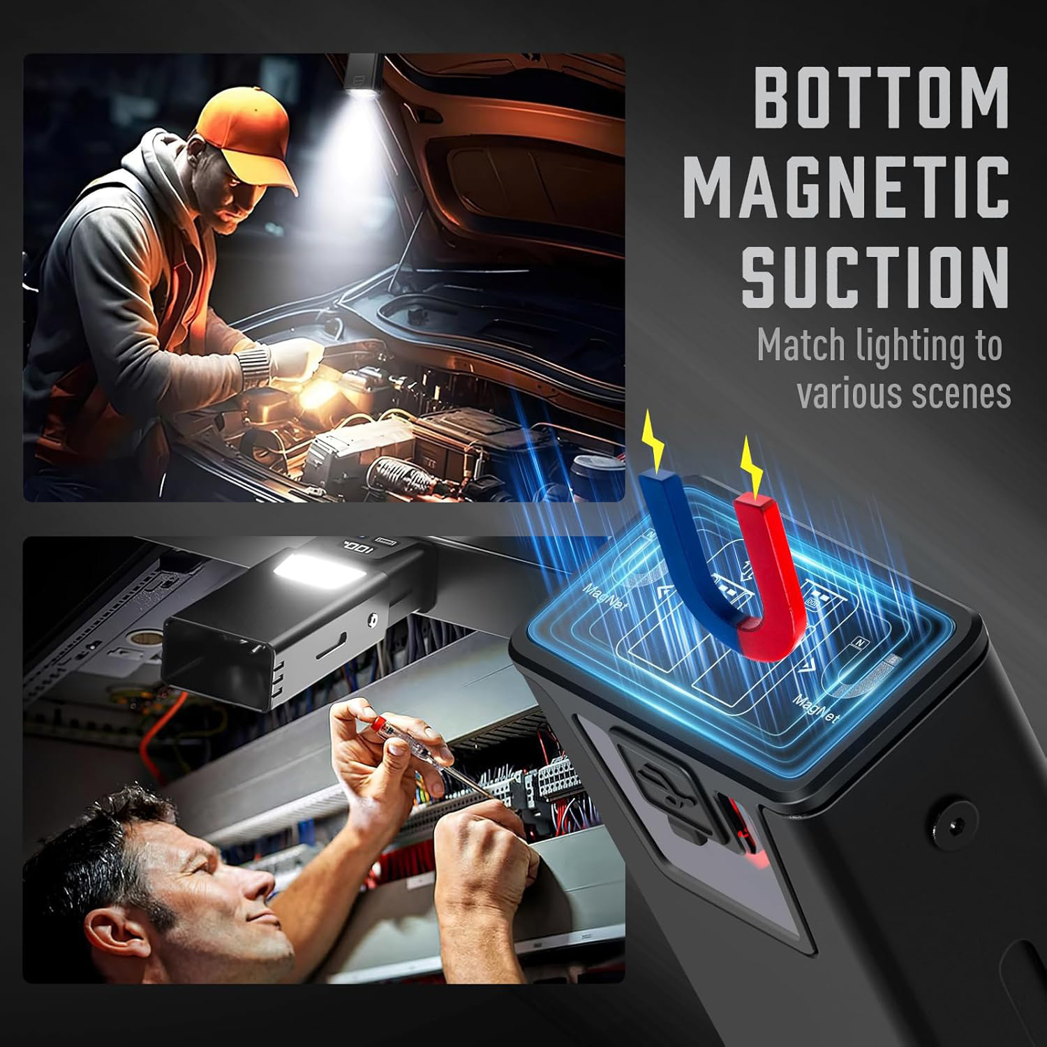 Pink-Blue Magnetic Flashlight: Spotlight, COB Flood, Red&Blue Warning view 2