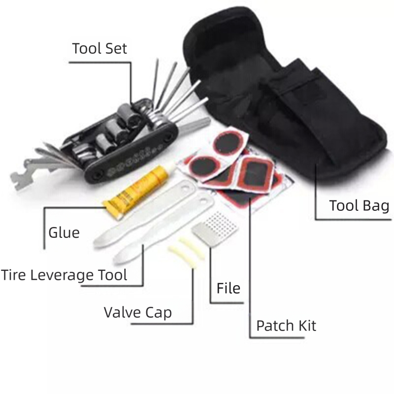 16-in-1 bicycle repair tool kit - multi-tool, tire patch, tire lever & file view 2