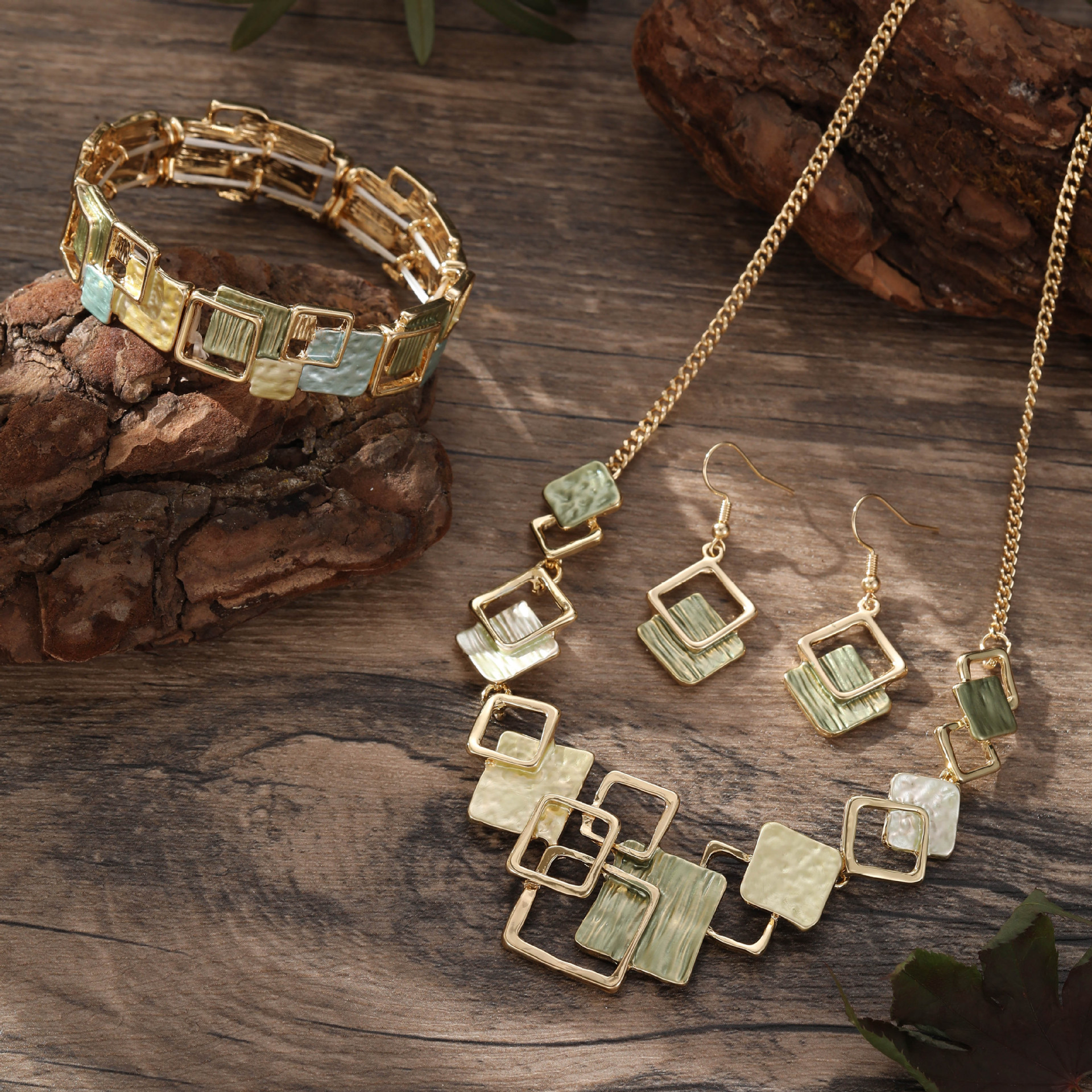 Geometric Inlay Earrings Necklace Bracelet Jewelry Set × 2 – Peacock Green & view 2