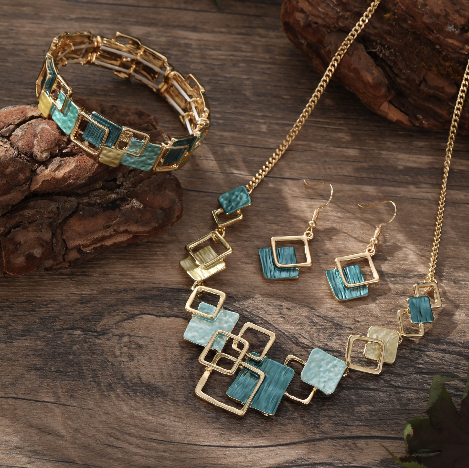 Geometric Inlay Earrings Necklace Bracelet Jewelry Set × 2 – Peacock Green & Pink