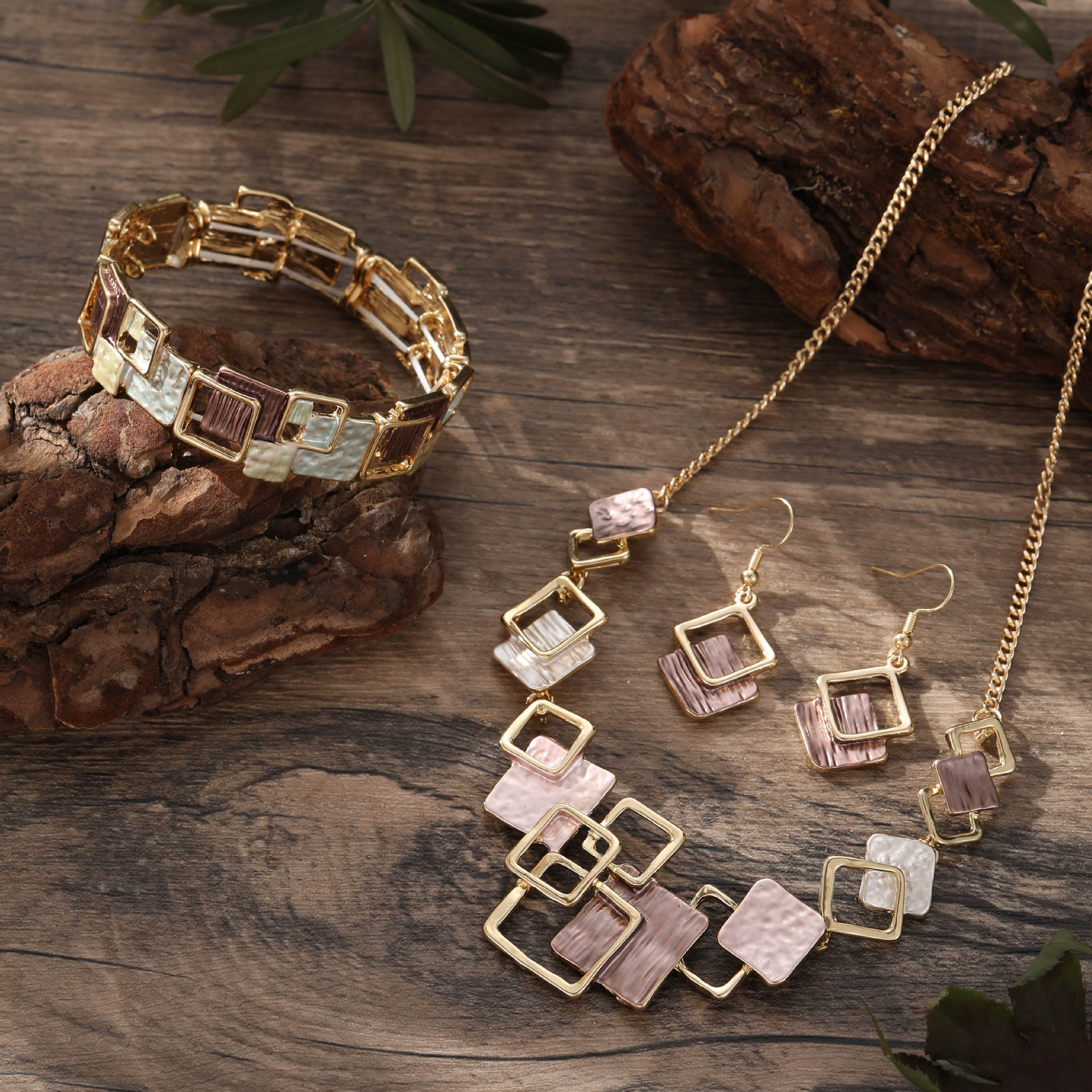 Geometric Inlay Earrings Necklace Bracelet Jewelry Set × 2 – Light Green & Brown view 2