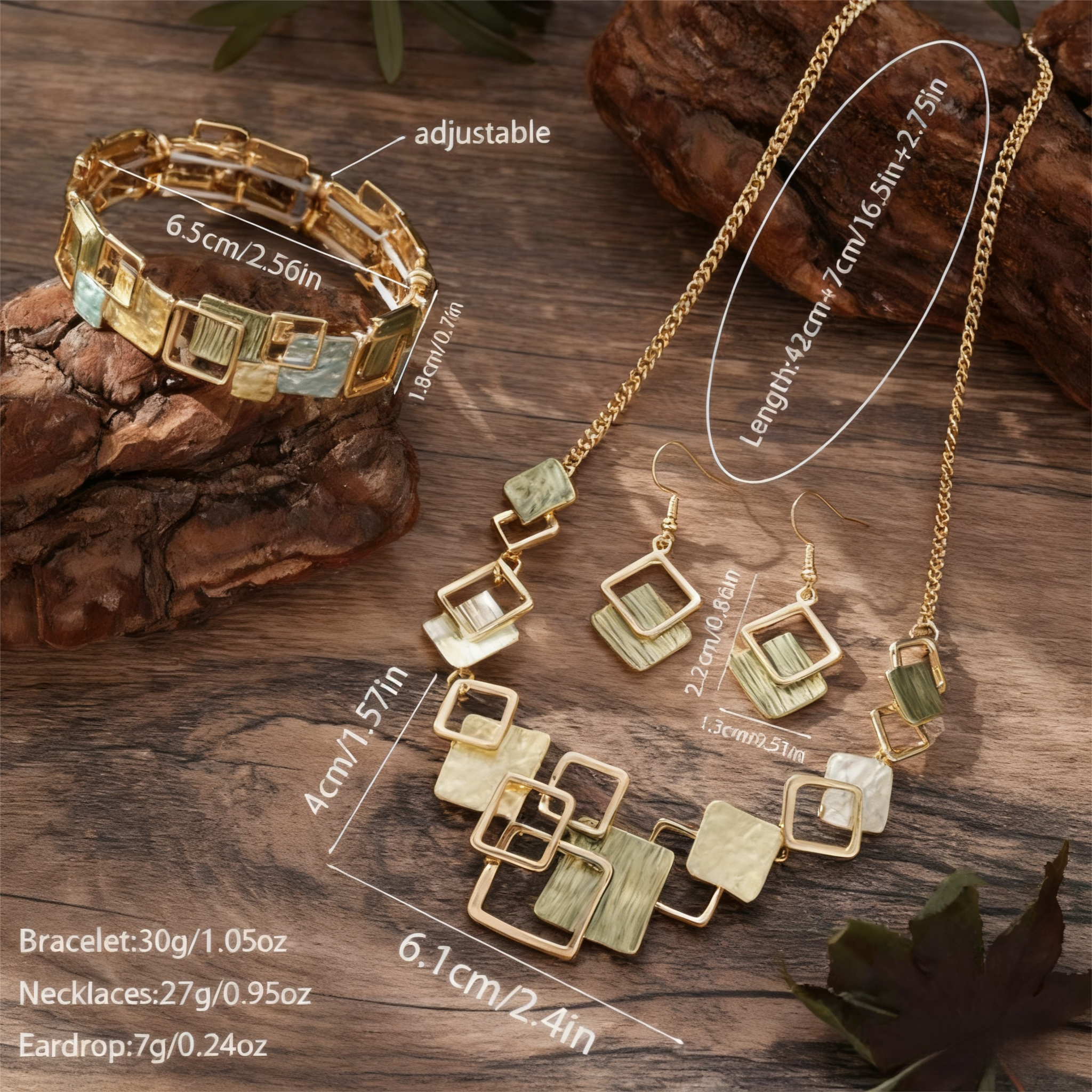Geometric Inlay Earrings Necklace Bracelet Jewelry Set × 2 – Light Green & Brown view 3