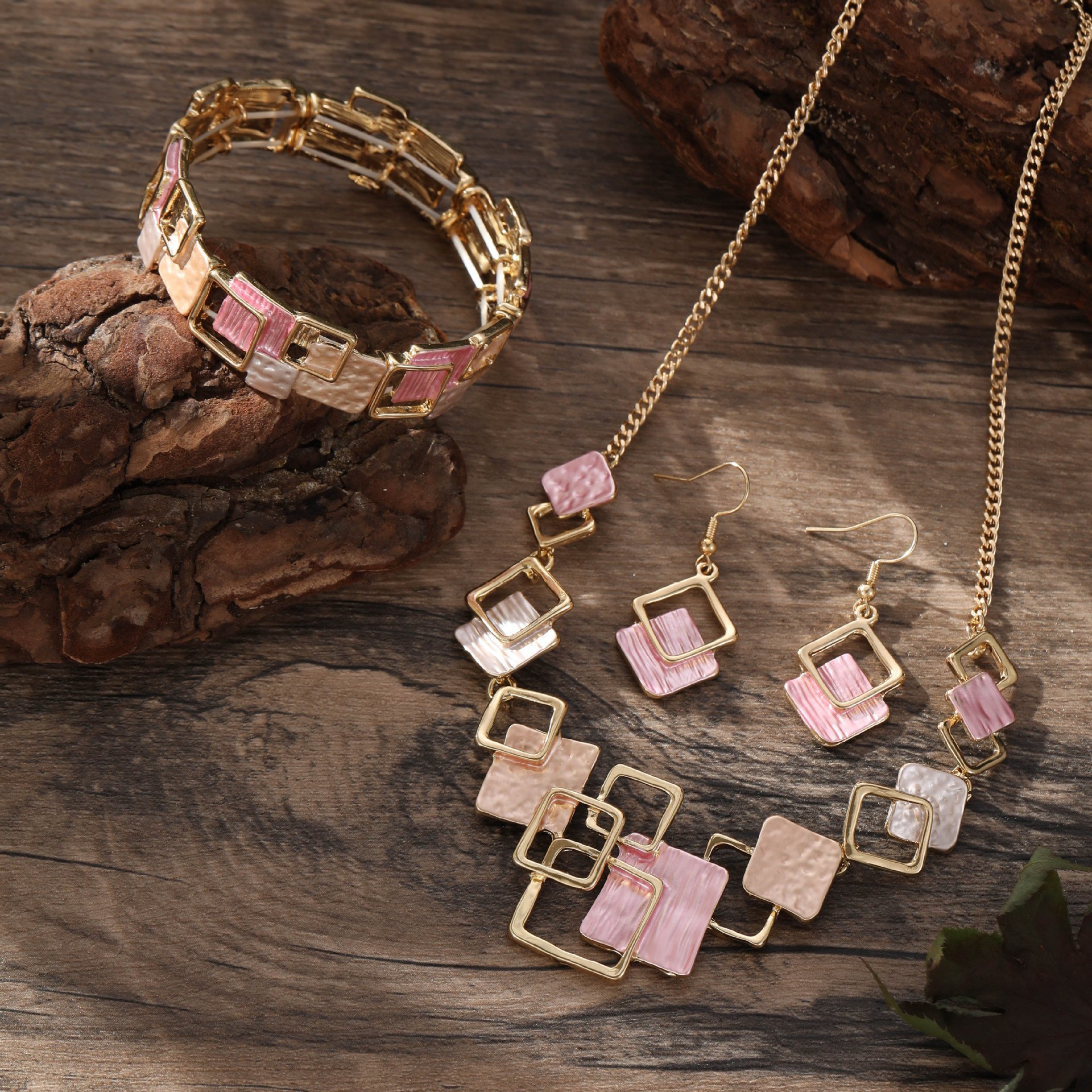 Geometric Inlay Earrings Necklace Bracelet Jewelry Set × 2 – Brown & Pink view 2